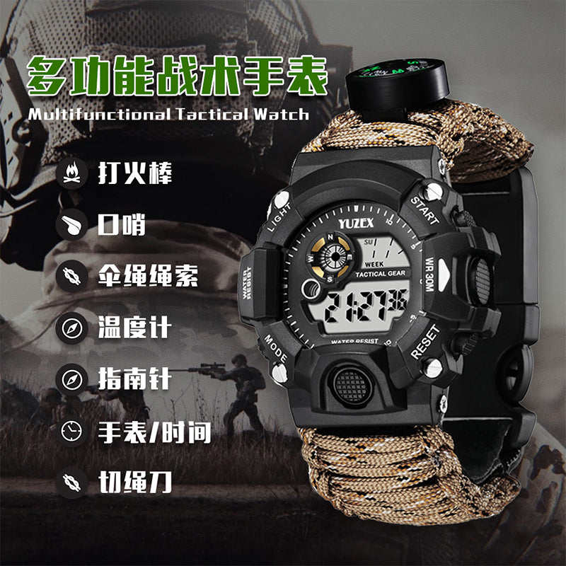 Multifunctional Outdoor Tactical Watch with Paracord, Fire Starter, Whistle, Compass, Waterproof Sports Survival Bracelet