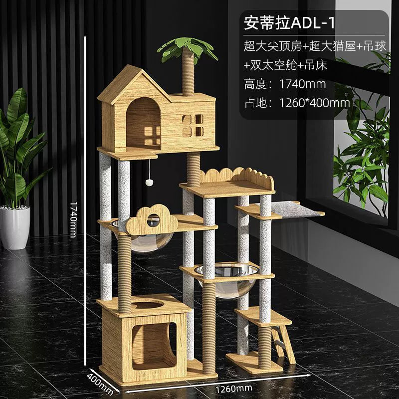 Luxury Cat Tree and Condo with Space Capsule, Cat Tower and Real Wood Sword Hemp Toy Full Set for Cats