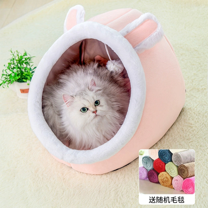 All-Season Cat and Dog Bed Combo - Provide Warmth for Your Feline Friend in Winter, Secure Semi-Enclosed Sleeping Cave Hideaway