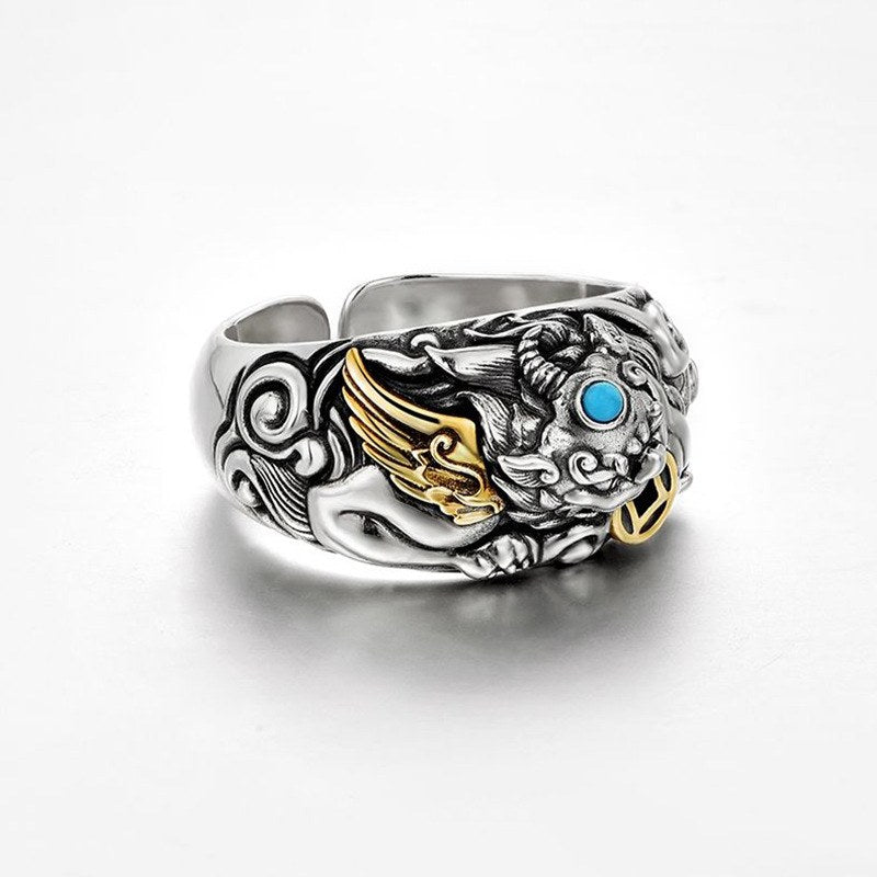 925 Sterling Silver Pi Xiu Ring for Men, Adjustable Vintage Design, Wealth & Fortune Symbol, Unique & Original Craftsmanship