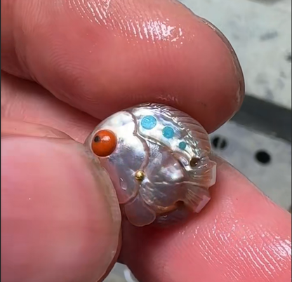 Hand-Carved Natural Pearl Fish Pendant - Solid Gold, Turquoise & Red Jade Artisan Jewelry