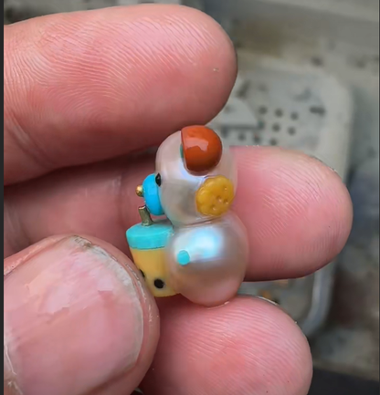 Hand-Carved Natural Pearl "Boba Bear" Pendant - Solid Gold, Turquoise & Jade