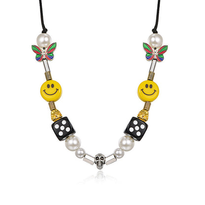 Hip-Hop Style Pearl Necklace with Dice and Smiley Charms