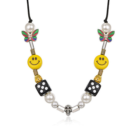 Hip-Hop Style Pearl Necklace with Dice and Smiley Charms
