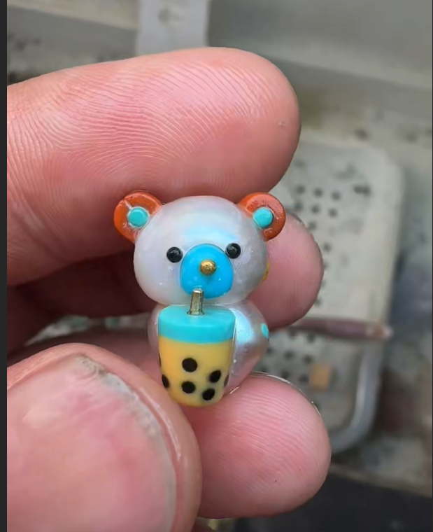 Hand-Carved Natural Pearl "Boba Bear" Pendant - Solid Gold, Turquoise & Jade