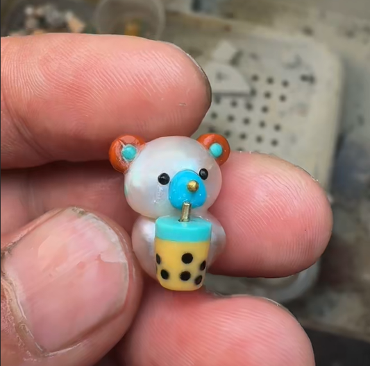 Hand-Carved Natural Pearl "Boba Bear" Pendant - Solid Gold, Turquoise & Jade