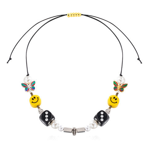 Hip-Hop Style Pearl Necklace with Dice and Smiley Charms