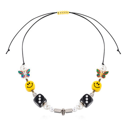 Hip-Hop Style Pearl Necklace with Dice and Smiley Charms