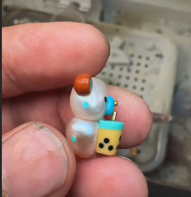 Hand-Carved Natural Pearl "Boba Bear" Pendant - Solid Gold, Turquoise & Jade