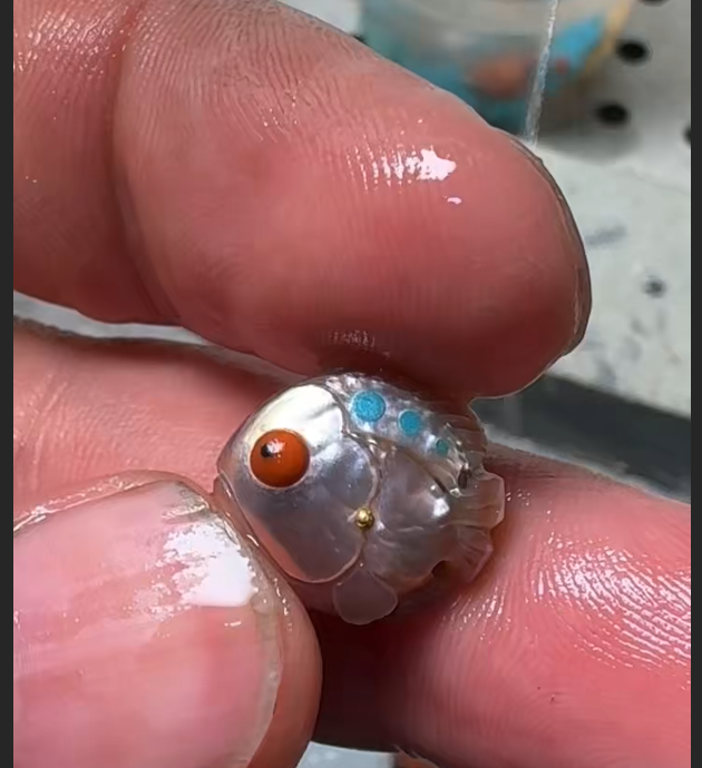 Hand-Carved Natural Pearl Fish Pendant - Solid Gold, Turquoise & Red Jade Artisan Jewelry