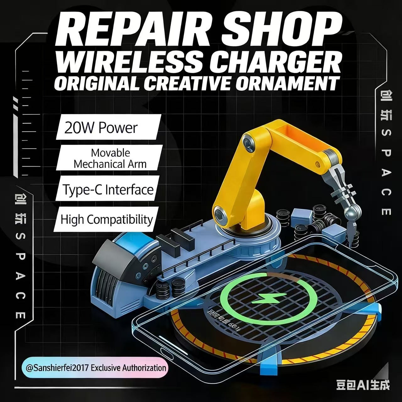 Industrial Combat Repair Station: 20W Wireless Charging Dock with Articulated Crane